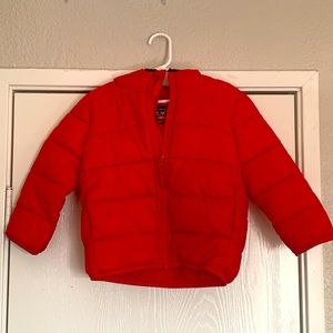 Red puffer jacket with hoodie
